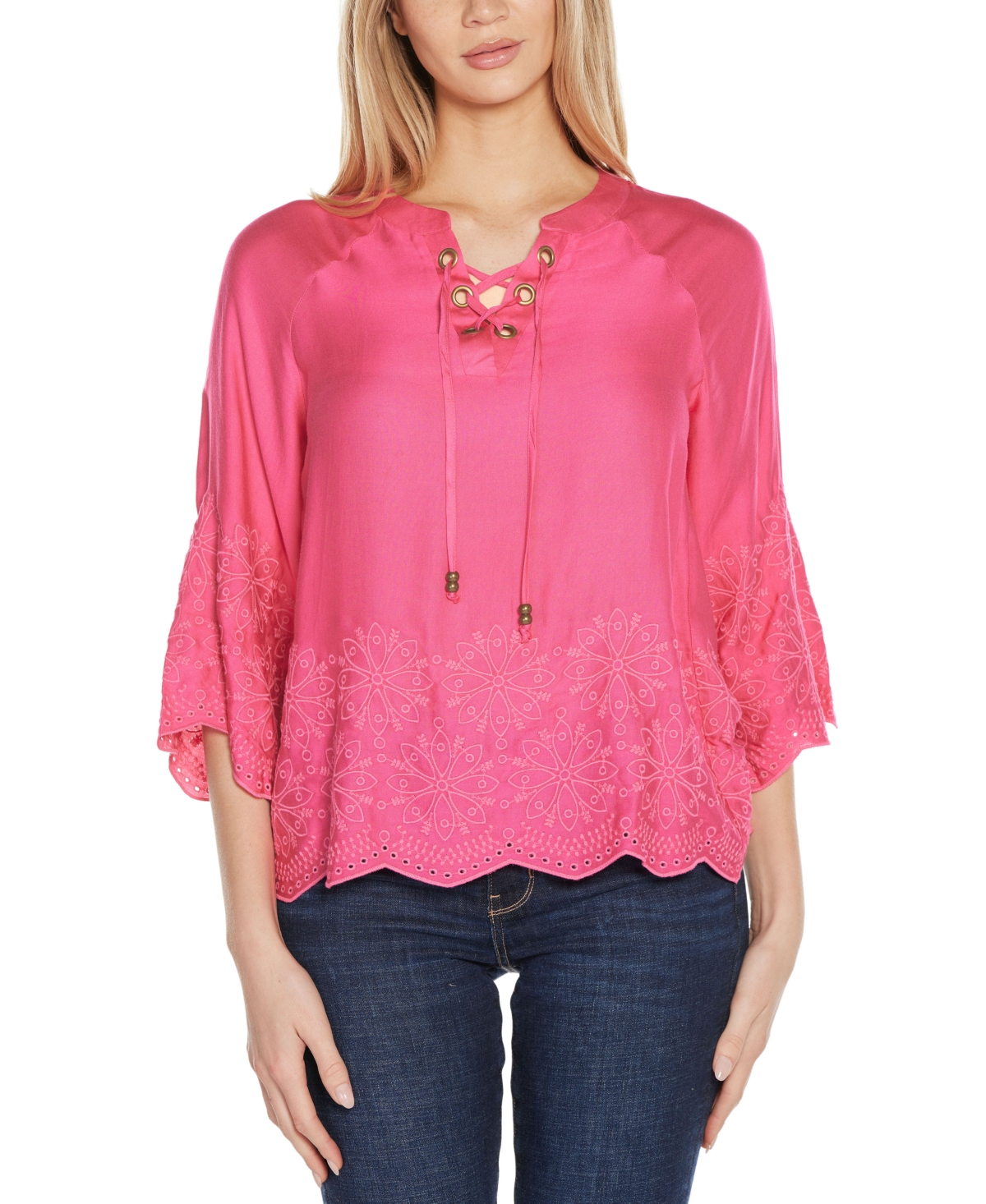 Women's Raglan 3/4-Sleeve Embroidered Top - Petal Pink