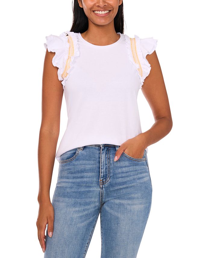 CeCe Women's Contrast-Trim Ruffle-Sleeve Cotton Top - Macy's