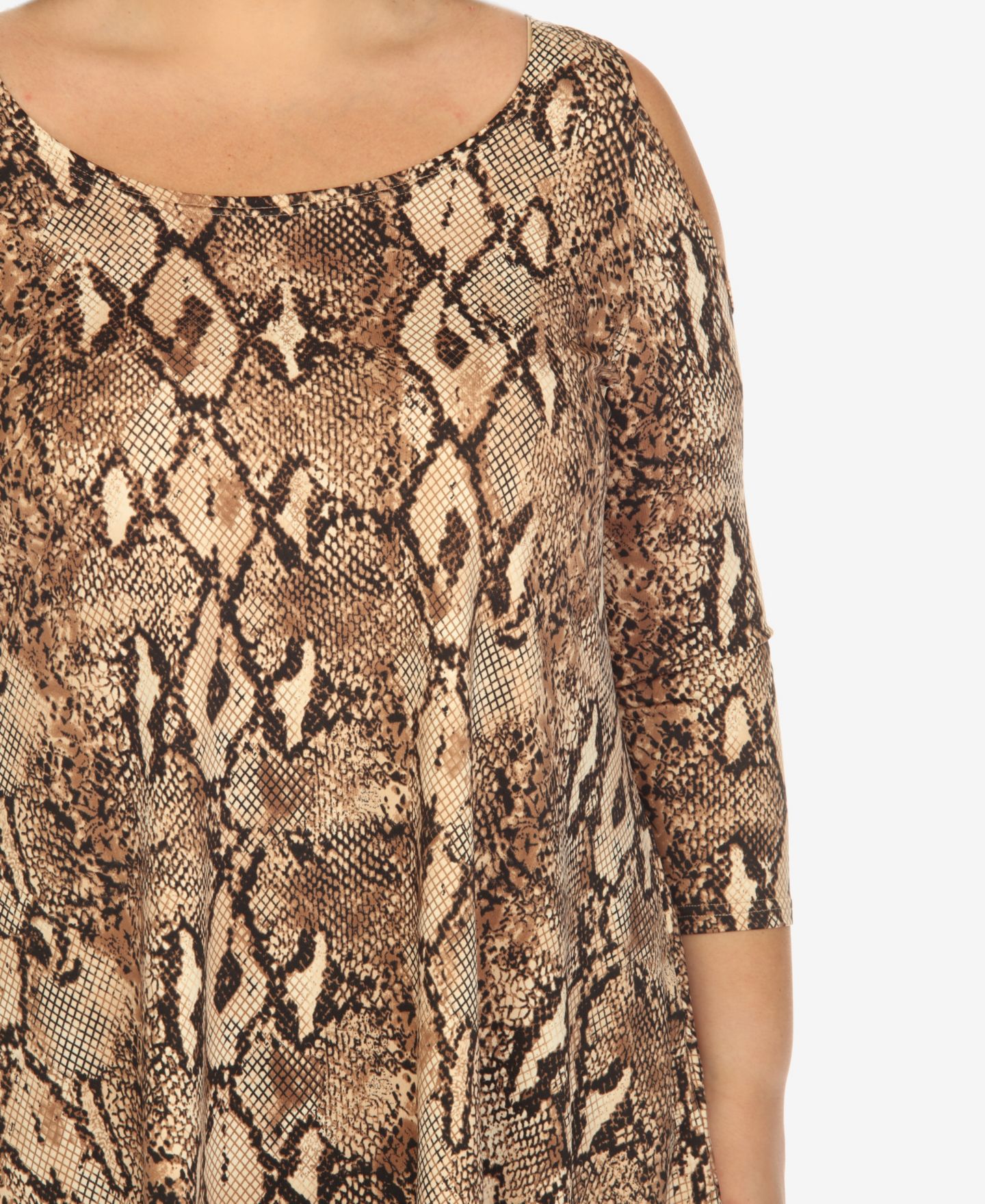 Женский топ White Mark Plus Size Snake Print Cold Shoulder Tunic Top, цвет: Коричневый — фото 5