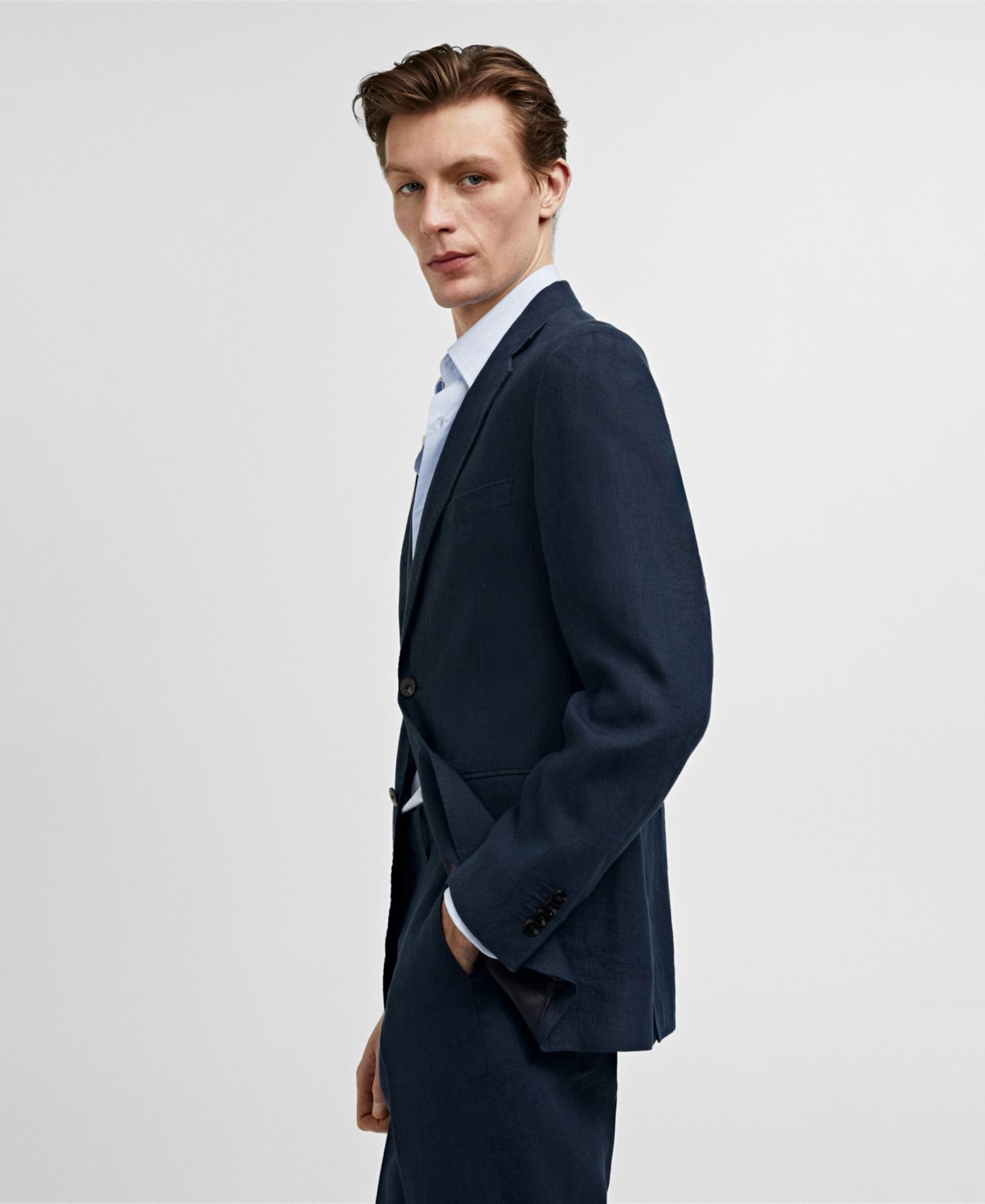 Мужской пиджак MANGO 100% Linen Slim-Fit Suit Blazer, цвет: Тёмный тёмно-синий — фото 4