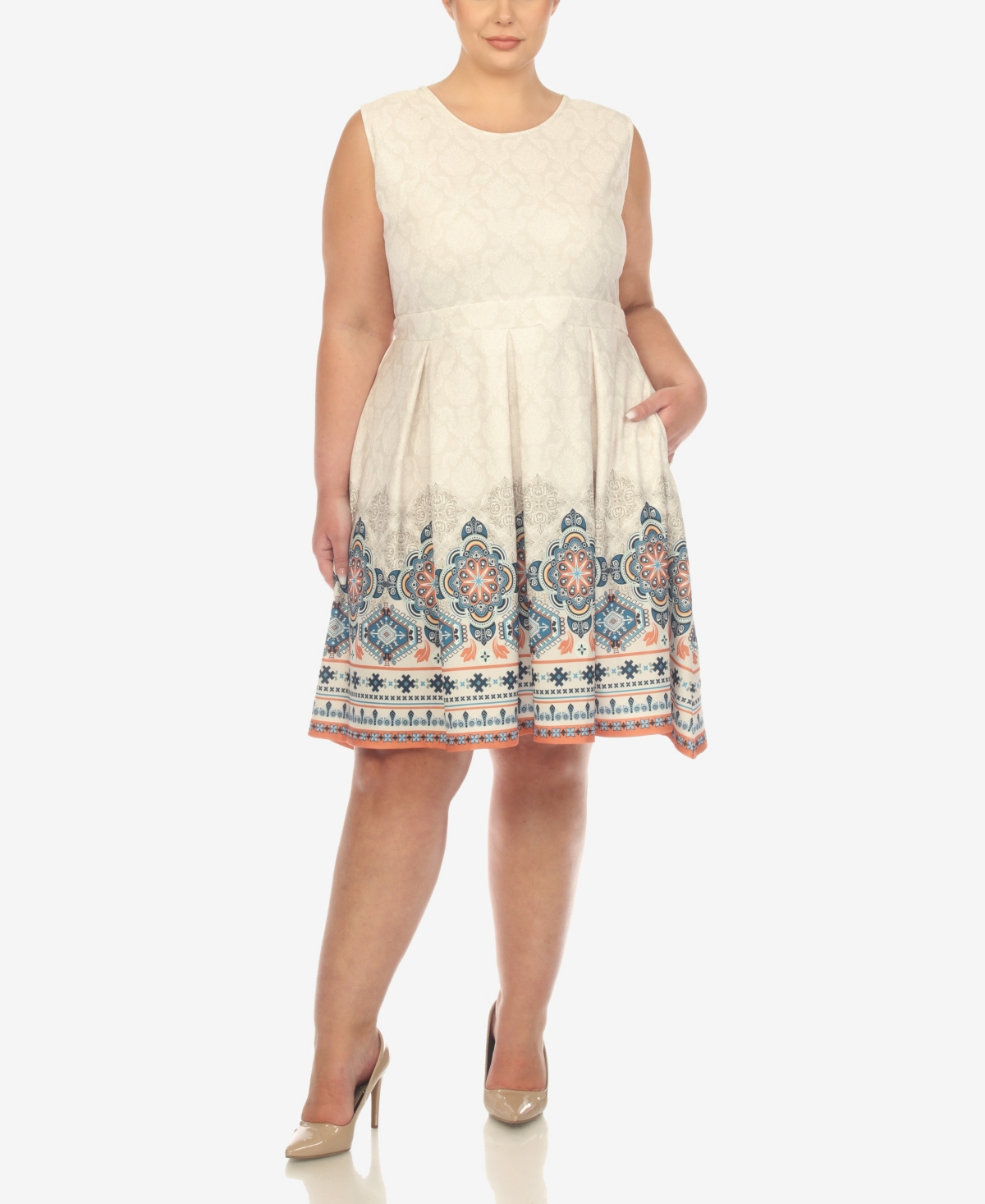 White Mark Plus Size Fit And Flare Knee Length Dress In Beige