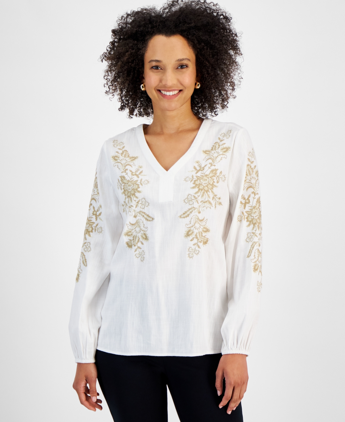 Women's Metallic Embroidered V-Neck Top, Created for Macy's - Bright White
