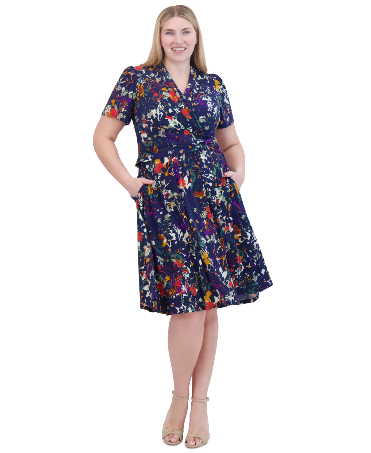Jessica Howard Plus Size Floral Print Twist Front Midi Dress Navy Multi Smart Closet