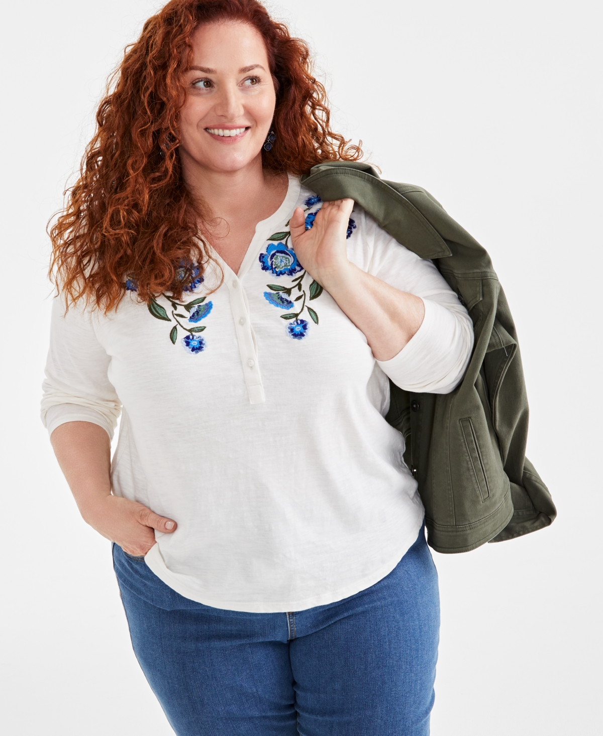 Style & Co Plus Size Floral-Embroidered Henley Top, Created for Macy's