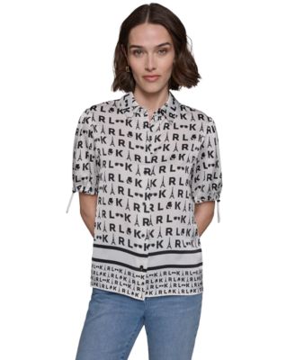 KARL LAGERFELD PARIS - Women's Printed Bungee-Sleeve Button-Down Top