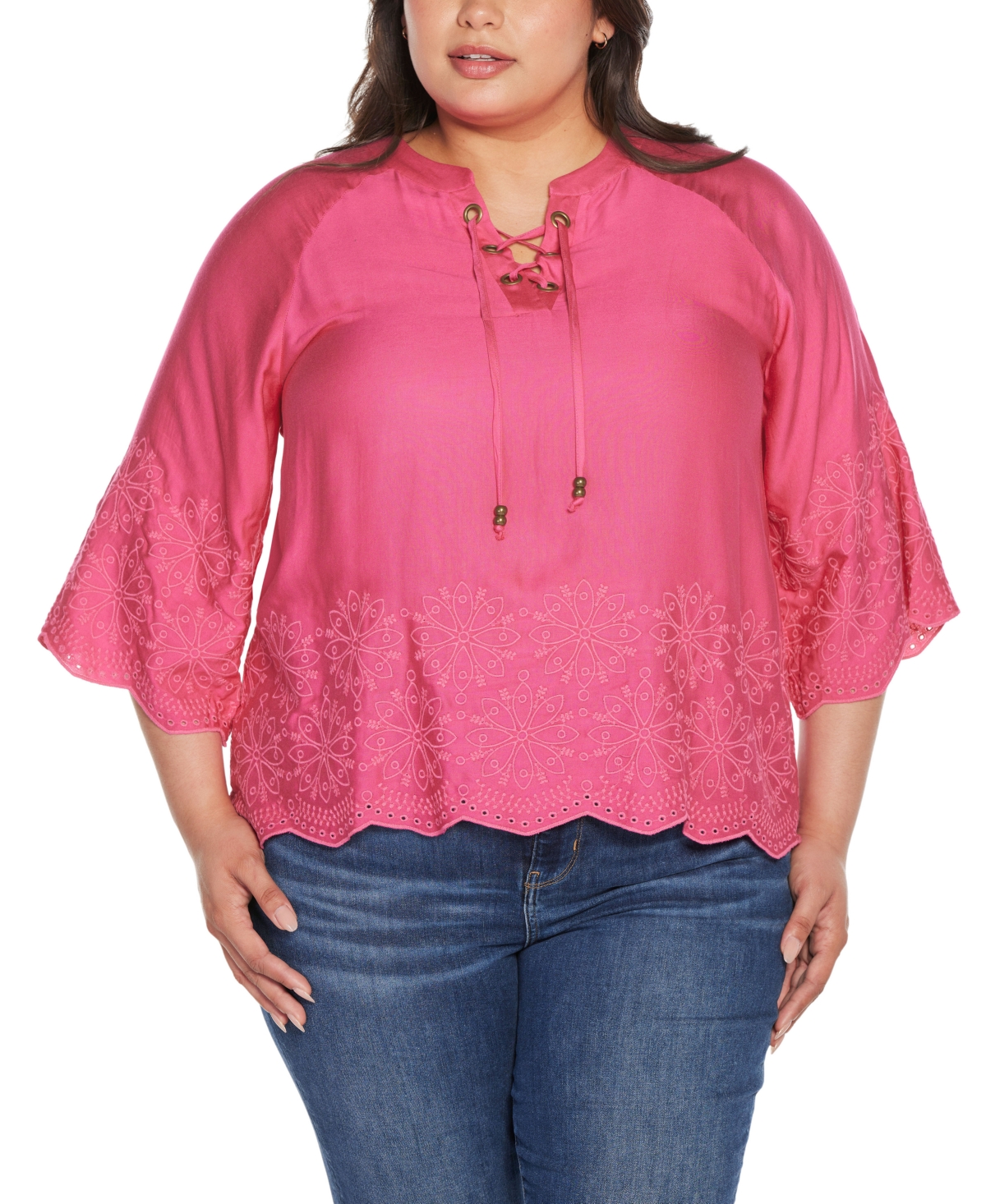 Black Label Plus Size Raglan 3/4-Sleeve Embroidered Top - Petal Pink