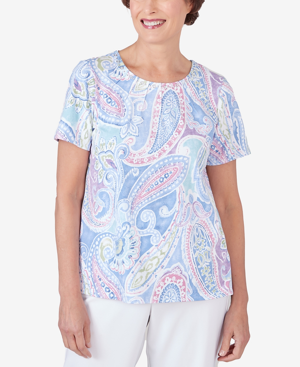 Petite Pleated Crew Neck Paisley Short Sleeve Tee - Pastel