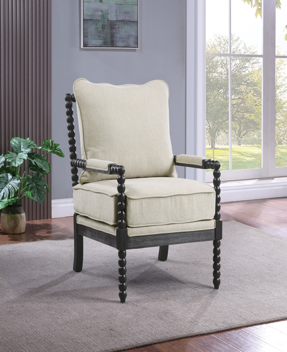 Osp Home Furnishings Office Star Eliza Brown Spindle Chair With Linen Fabric In White