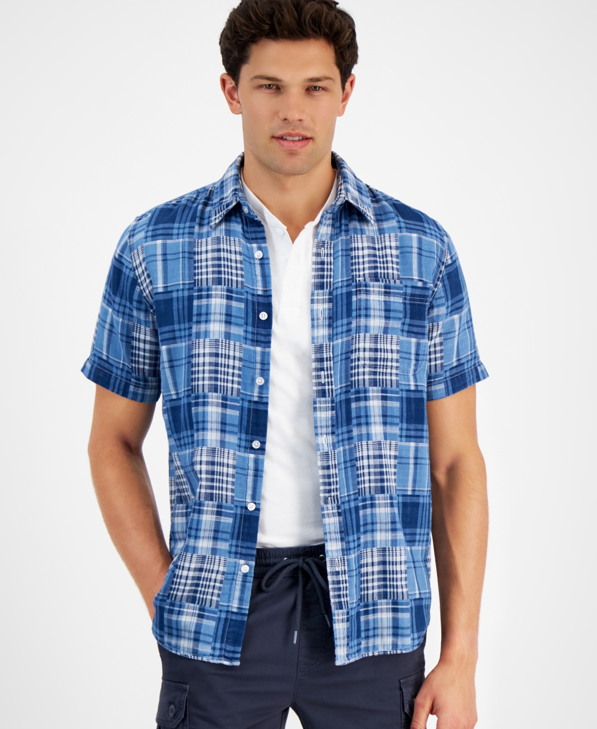 Sun + Stone Men's Baldwin Regular-Fit Patchwork Plaid Button-Down Shirt, Created for Macy's