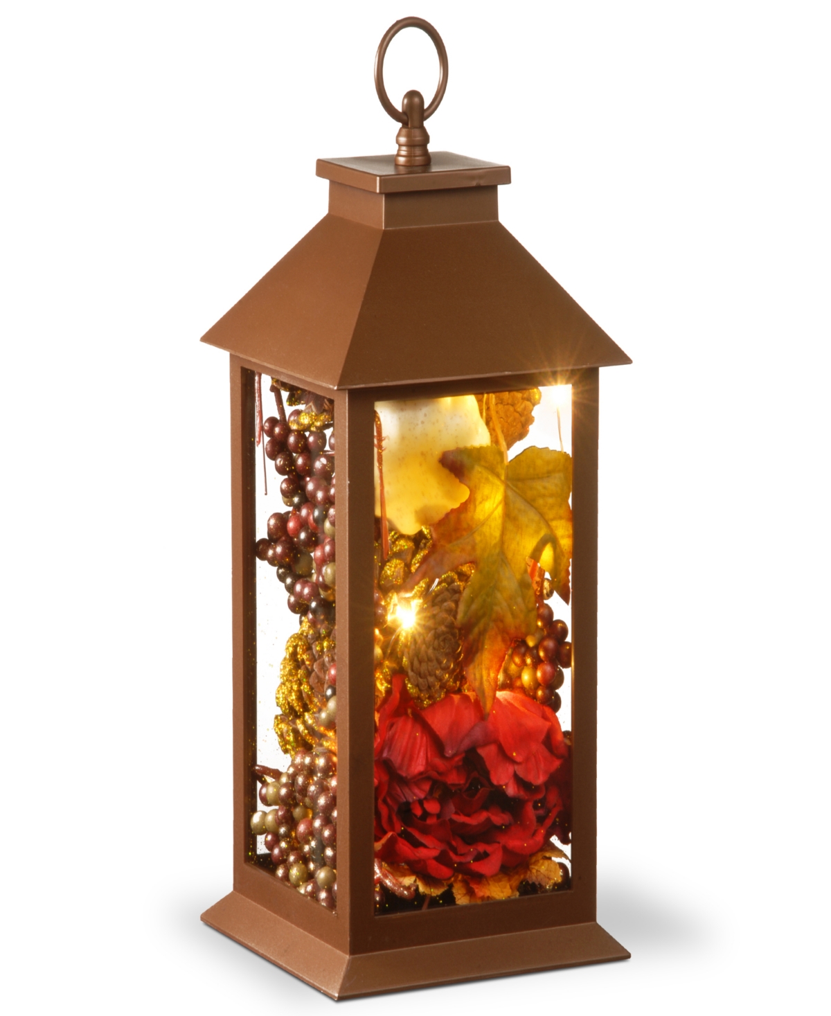 12" Harvest Lantern with Led Lights, Filled with Pumpkins, Leaves, Flowers, Berry Clusters, 12 inches - Brown