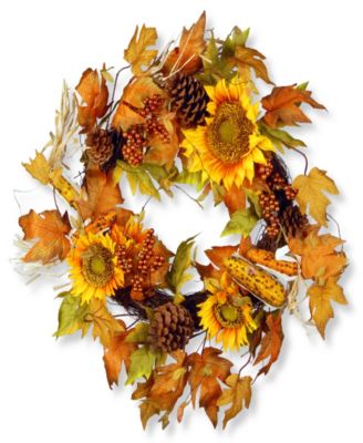24" Artificial Autumn Wreath, Decorated with Sunflowers, Pinecones, Berry Clusters, Corncobs, Maple Leaves, Autumn Collection