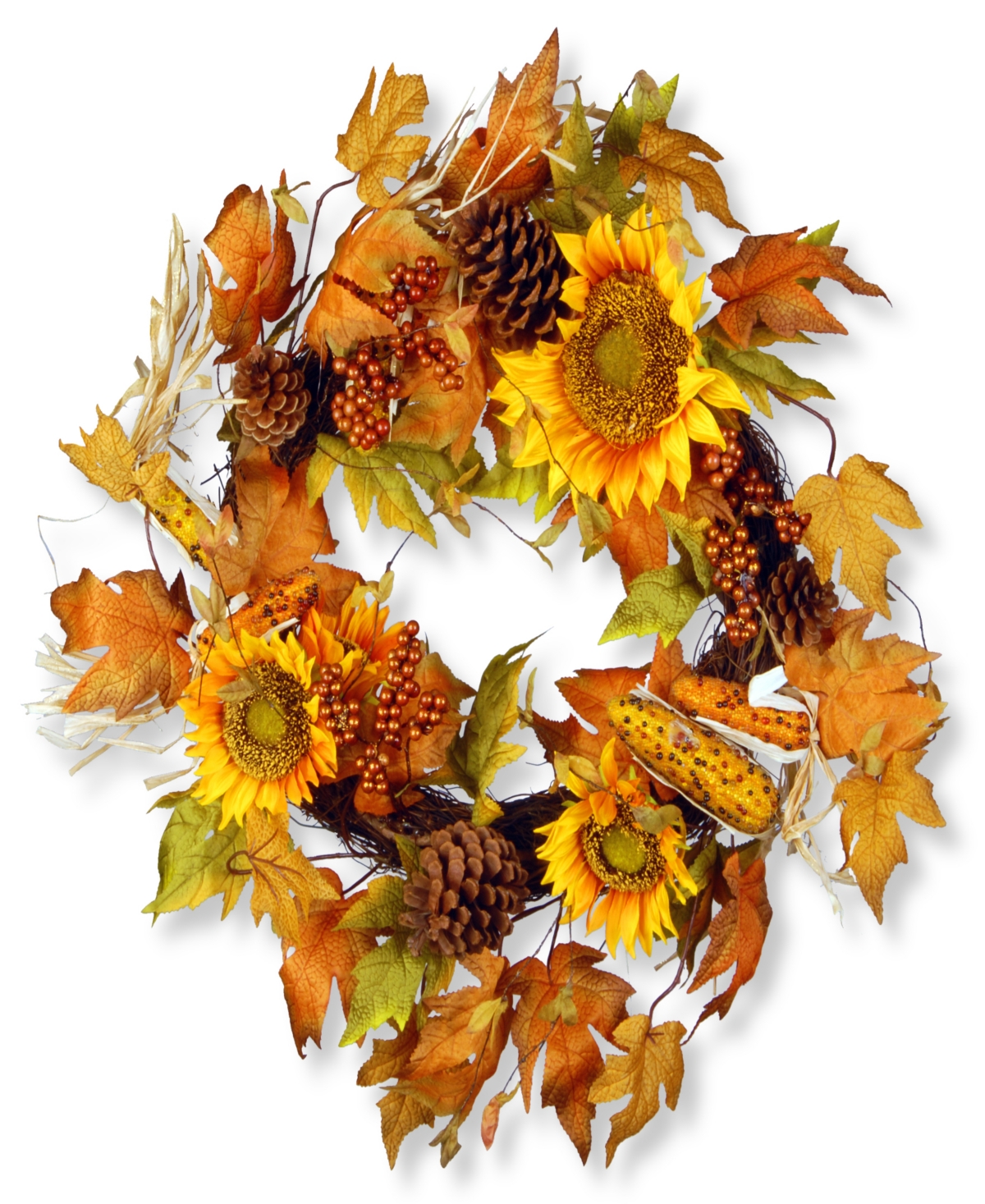 24" Artificial Autumn Wreath, Decorated with Sunflowers, Pinecones, Berry Clusters, Corncobs, Maple Leaves, Autumn Collection -