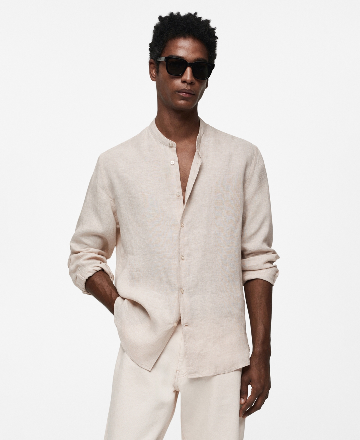 Shop Mango Men's 100% Linen Mao Collar Shirt In Sand