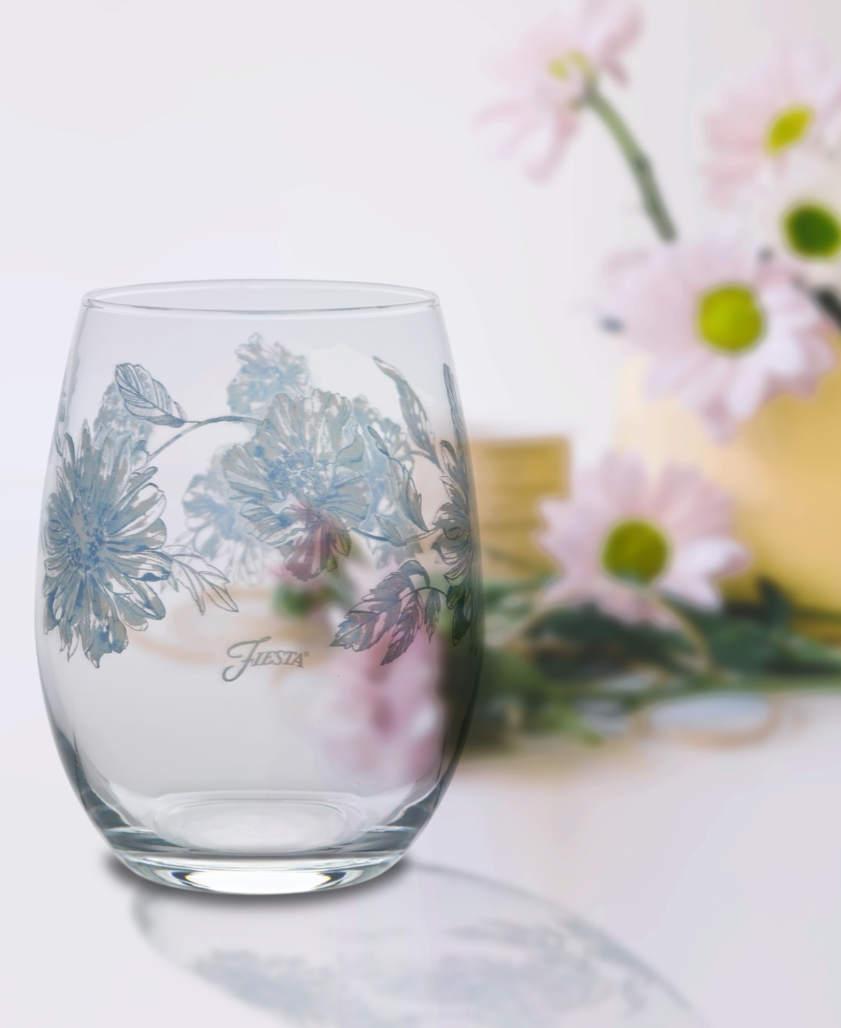 Shop Fiesta Botanical Floral 15-ounce Stemless Wine Glass Set Of 4 In Sky