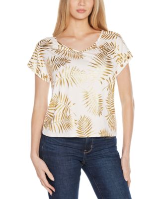 Women's Foil Print Grommet Trim Top