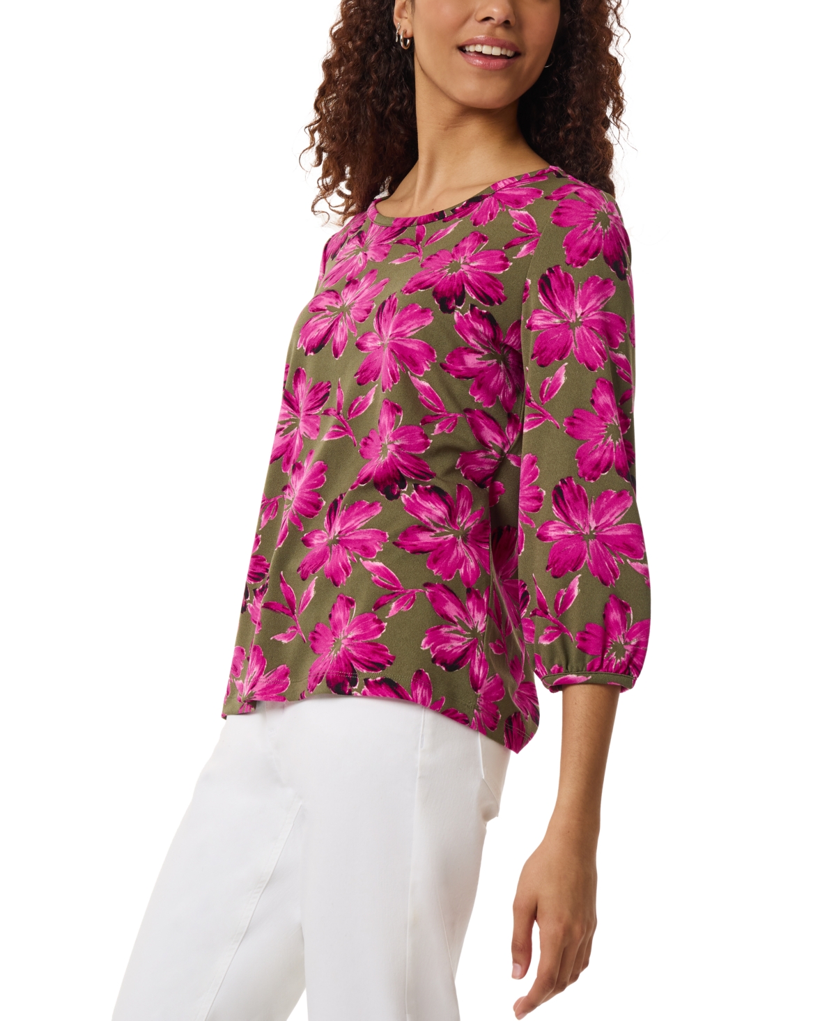 Jones New York Petite Printed Crewneck 3/4-Sleeve Top -bt