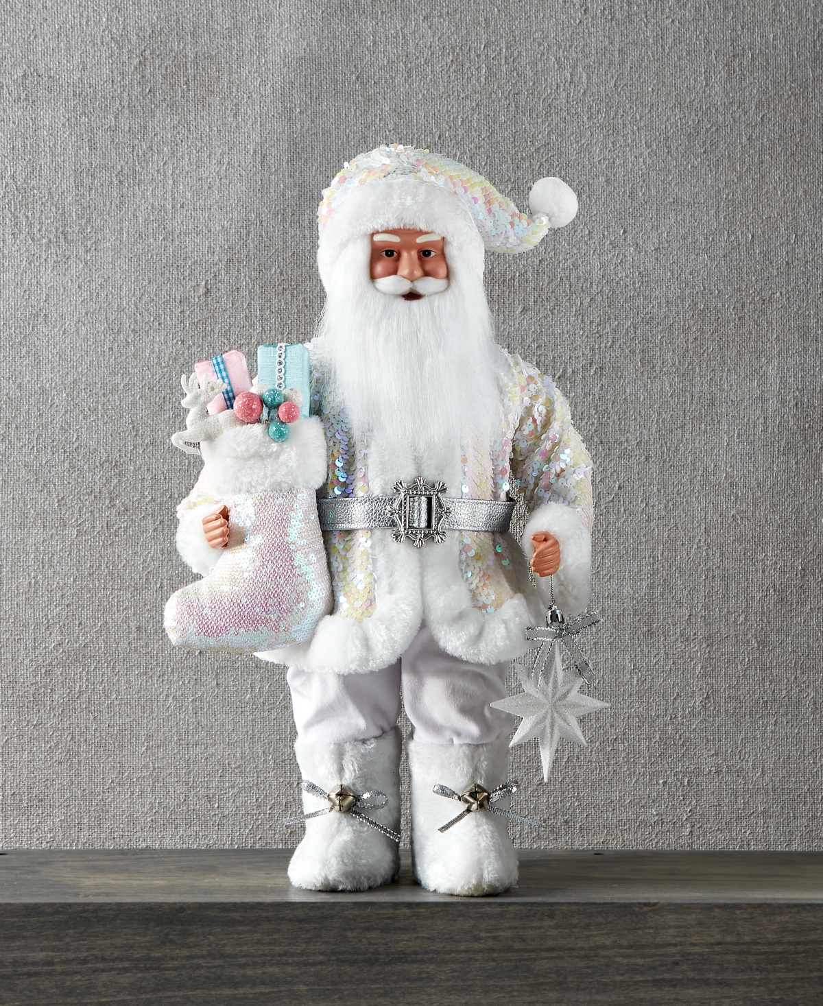 Holiday Lane Sugar Plum 18" Standing African American Santa In Blue & Pink Holding Stocking & Bear In No Color