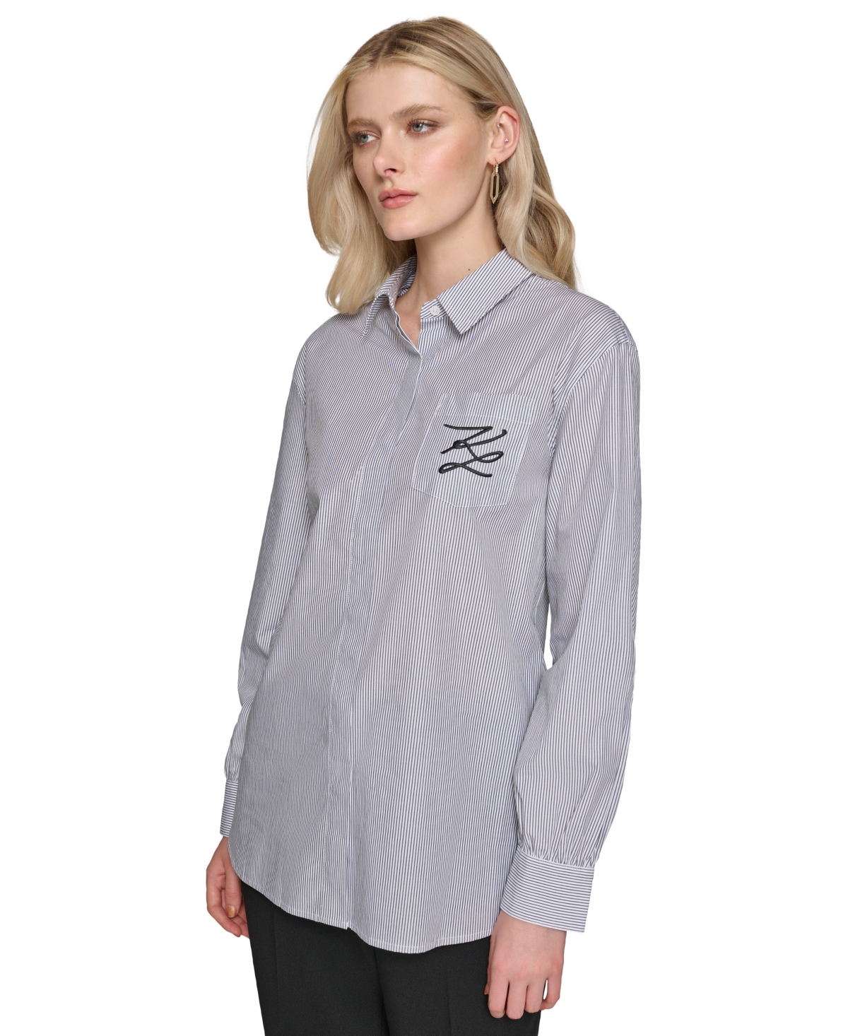 Karl Lagerfeld Women's Cotton Striped Monogram Shirt -black