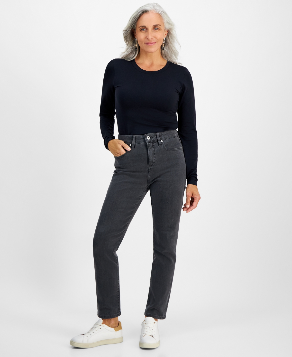 Style & Co Petite High-rise Natural Straight-leg Jeans In Grey
