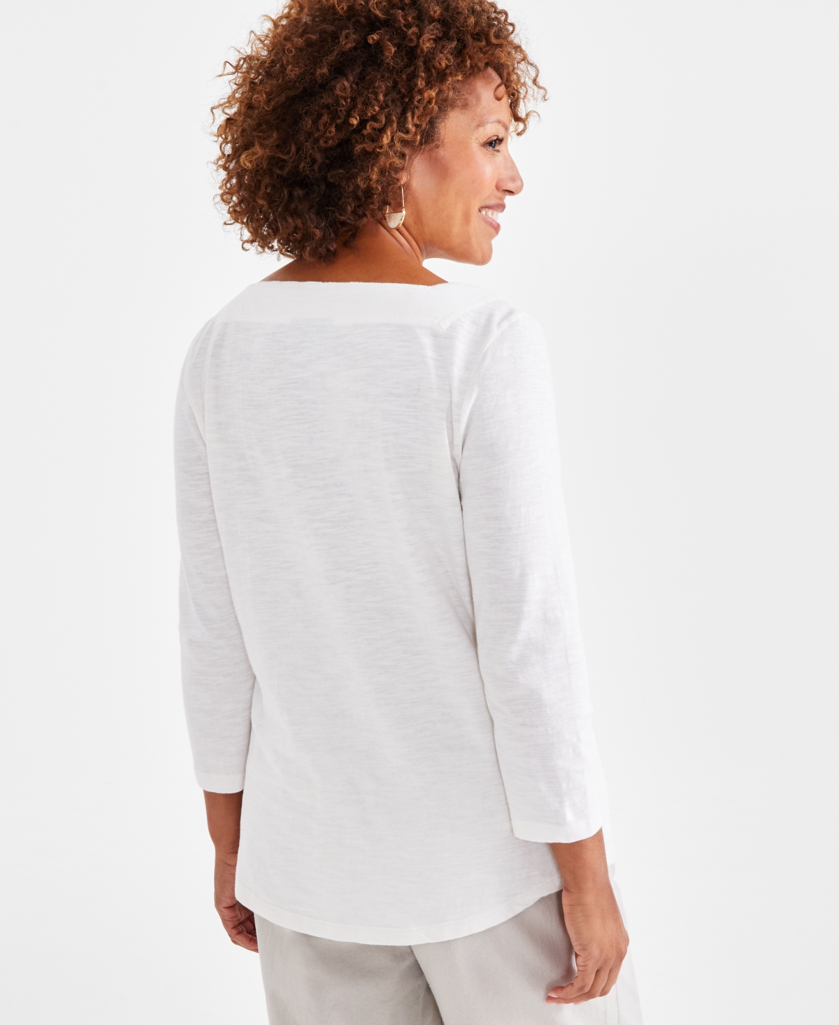 Style & Co Petite Square-Neck Cotton 3/4-Sleeve Top, Created for Macy's