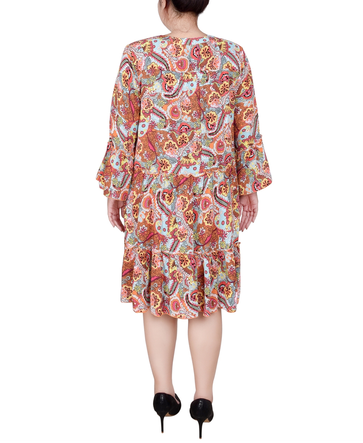 Ny Collection Plus Size 3/4 Sleeve Tiered Dress In Blue Orange Paisley