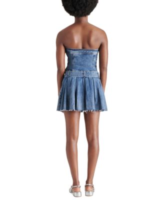 white christmas dresses Dark Denim Patchwork Strapless Ruffle Dress