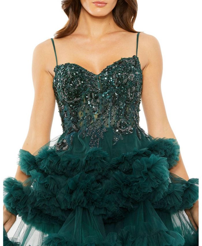 Mac Duggal Women's Thin Strap Beaded Bodice Tiered Tulle Dress - Macy's