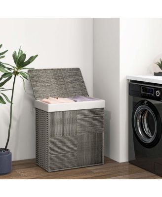 Hand-woven Rattan Laundry Hamper with Lid Removable Liner Bag 29-Gallon 2-Section