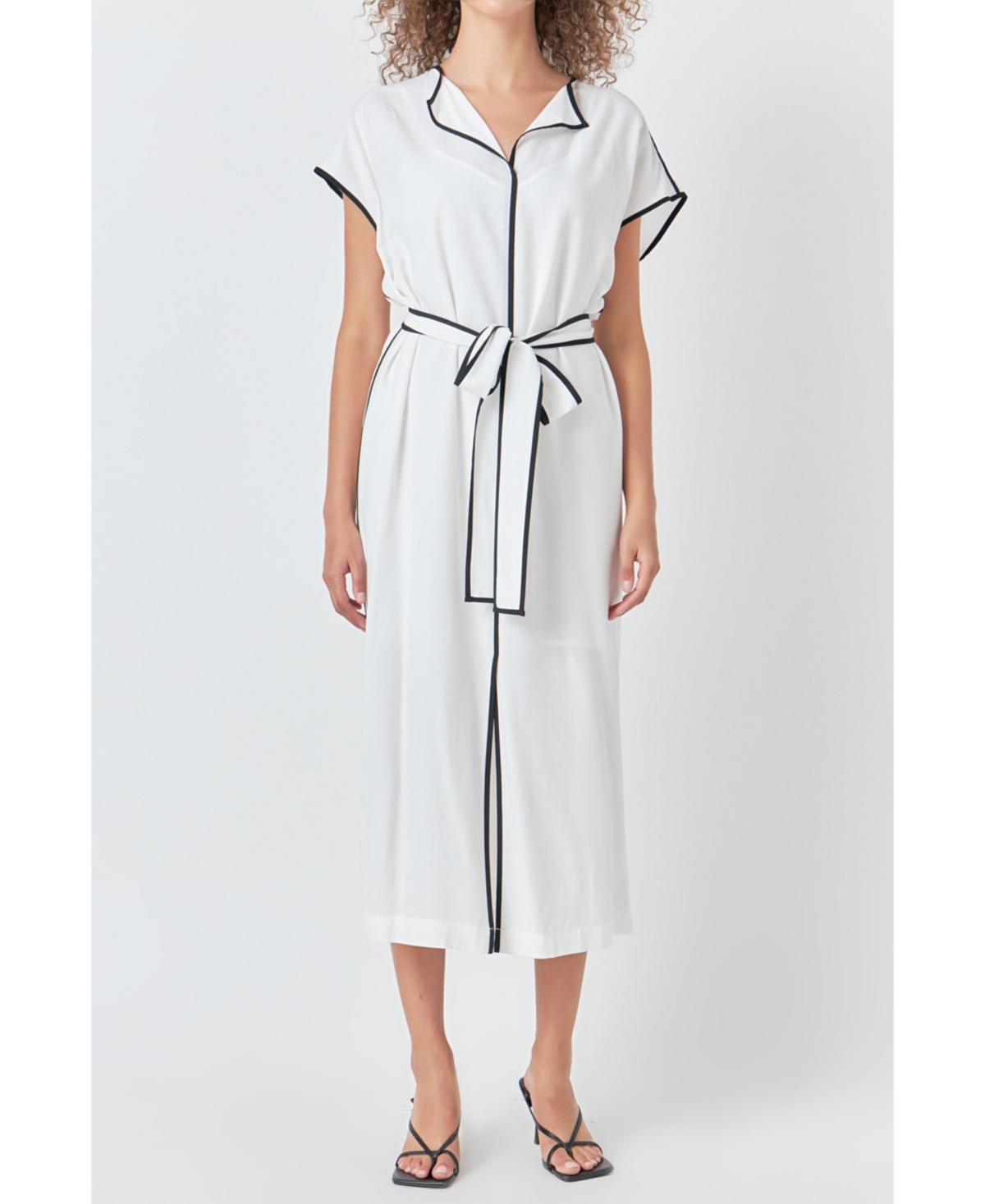 Women's Contrast Binding Belted Midi Dress - White/black