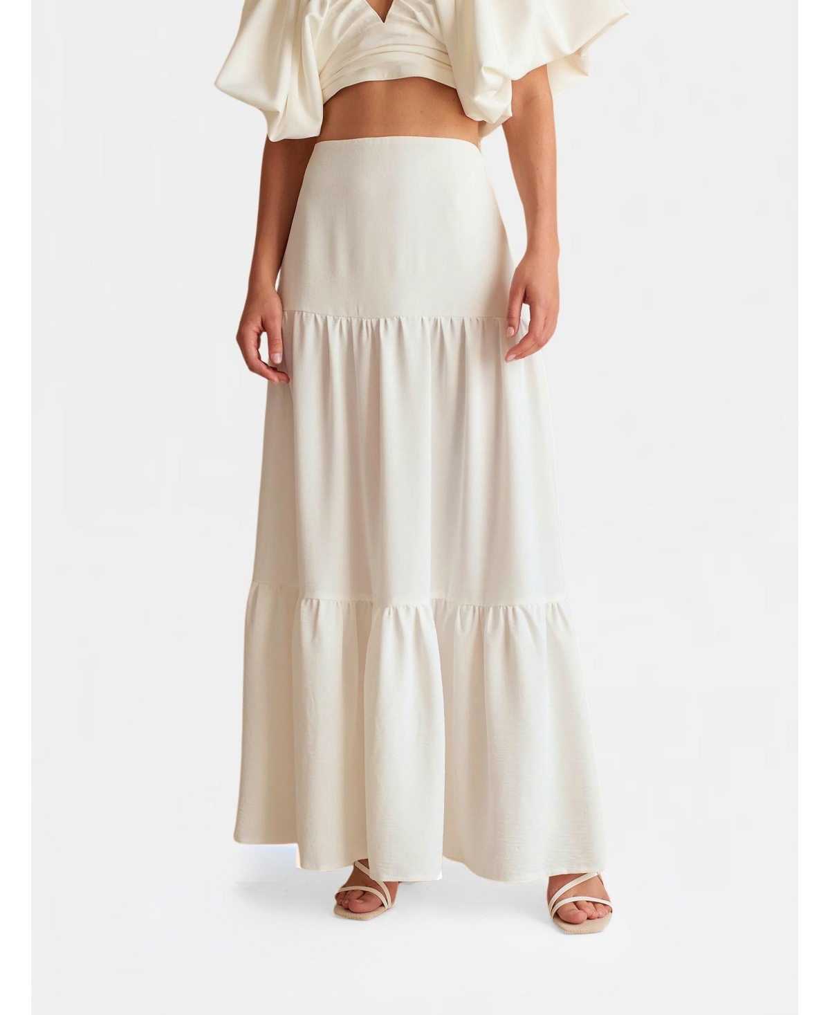 Women's Pleated mid-rise summer maxi skirt - Ecru