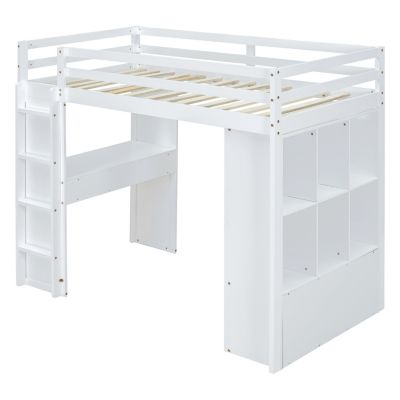 Twin Loft Bed with Shelves, Desk, and LED