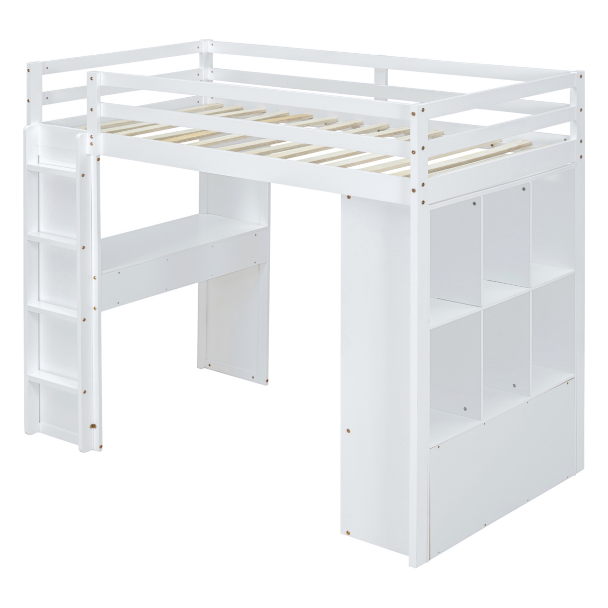 Simplie Fun Twin Size Loft Bed With Large Shelves, Writing Desk And Led Light, White