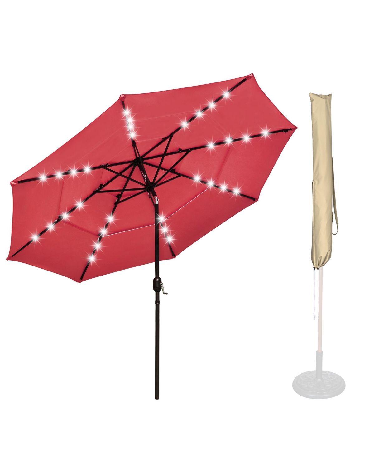 10 Ft 3 Tier Patio Umbrella with Protective Cover Solar Led Crank & Tilt Hotel - Red