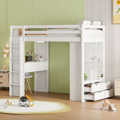 Twin Loft Bed with Shelves, Desk, and LED