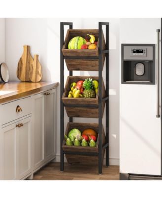 Basket Stand, 3 Tier Wood Shelving Unit with Baskets, Vertical Standing Basket Storage Tower for Kitchen Bathroom Living Room