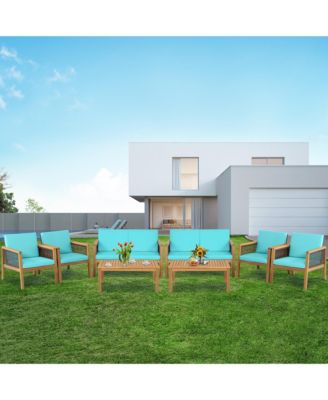 8PCS Patio Acacia Wood Furniture Set PE Rattan Conversation Set w/ Turquoise Cushions