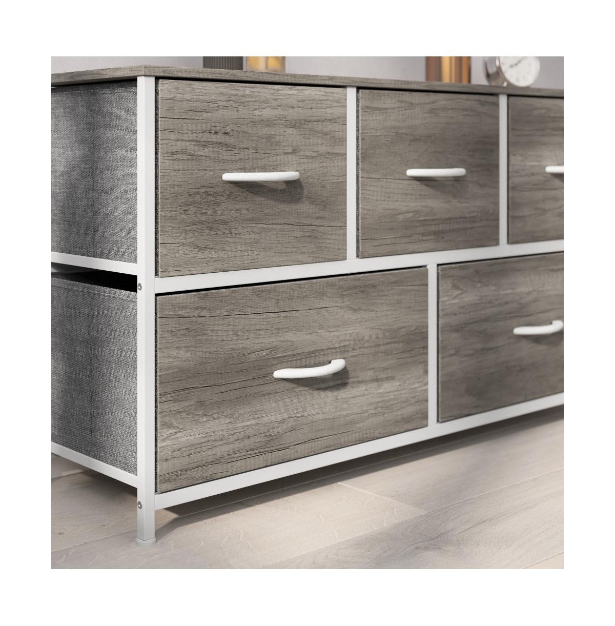 Emma+Oliver Marley 5 Drawer Storage Dresser With Cast Iron Frame, Wood Top, And Easy Pull Fabric Drawers With Wooden Handles -w