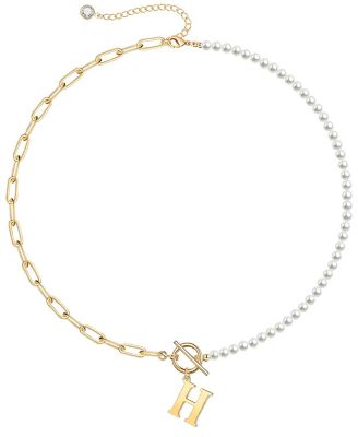 14K Gold Plated Toggle Clasp Initial Imitation Pearl Link Chain Necklace