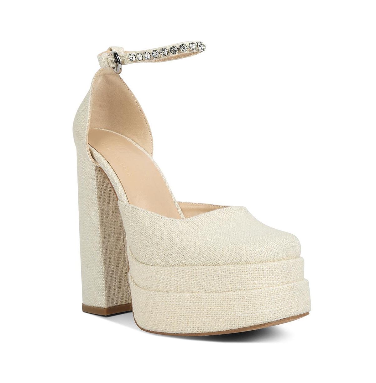 Cosette Diamante Embellished Ankle Strap High Block Heel Sandals in Off White - Off white