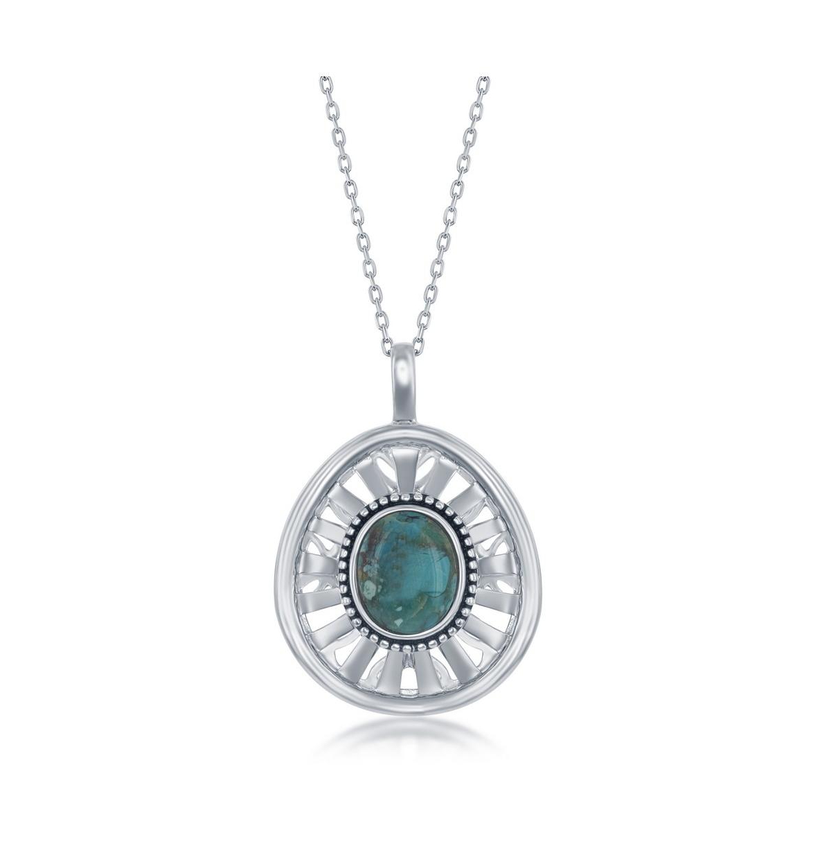 Sterling Silver Oval Turquoise, Oxidized Pendant - Turquoise/aqua