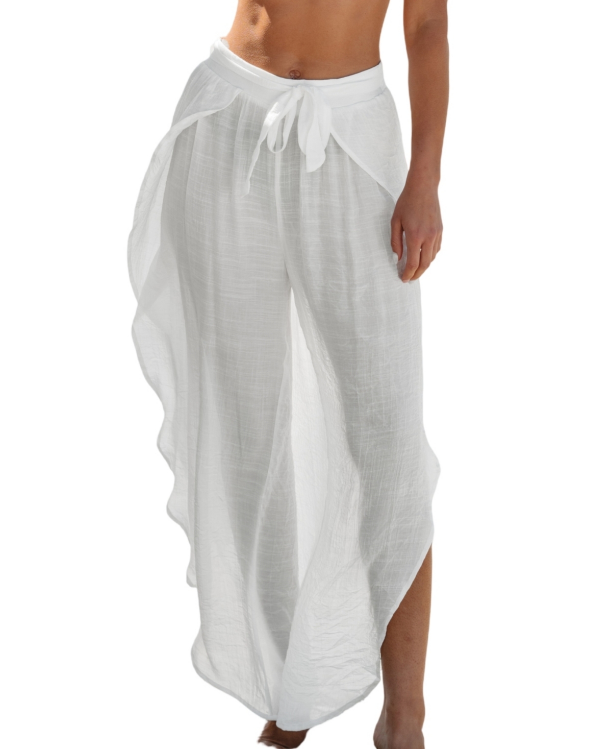 Women's White Tie Waist Tulip Hem Cover-Up Pants - White