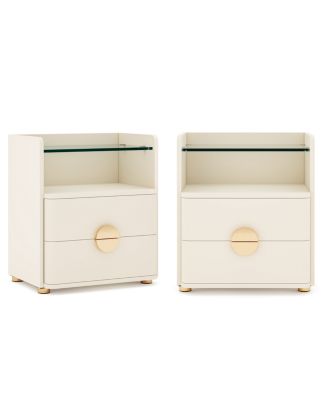 2-Drawer Nightstand Set of 2, Modern Nightstands with Open Storage, Wooden Bedside Table for Bedroom, Side End Table with Gold Round Metal Legs and Tempered Glasses for Bedroom, Living Room