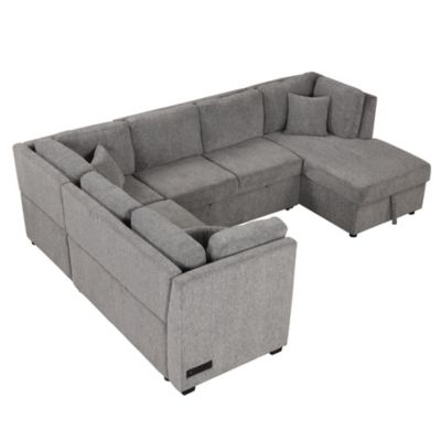 Modern U-Shape Sofa Bed with Power & USB, Storage