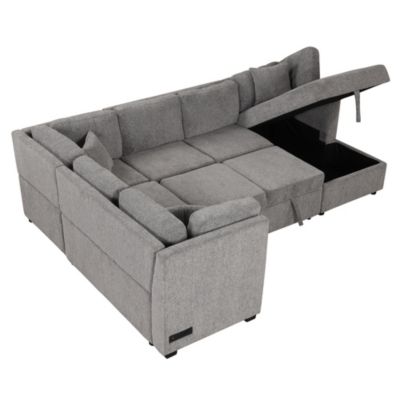 Modern U-Shape Sofa Bed with Power & USB, Storage