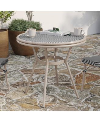 Mael Bistro Style Table With Tempered Glass Top, Textilene, And Bamboo Finished Metal Frame For Indoor/Outdoor Use