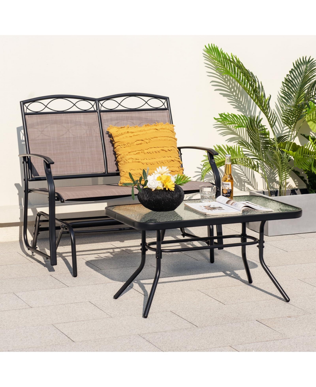 Outdoor Gliding Loveseat Chair with Tempered Glass Coffee Table