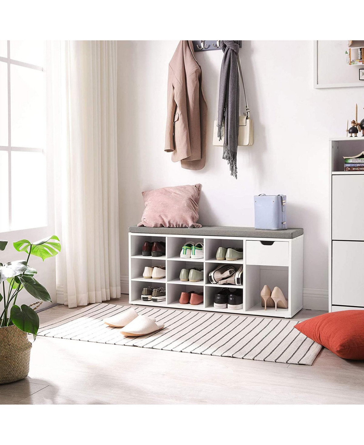 Slickblue Cubbie Shoe Cabinet Storage Bench with Cushion, Adjustable Shelves,- White