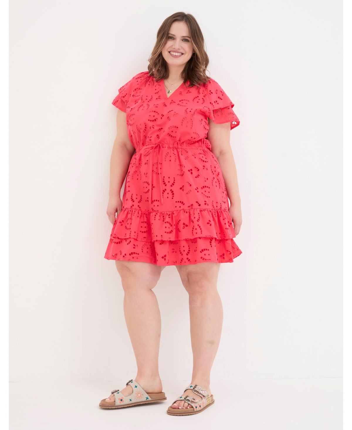 Plus Size Brady Broderie Dress - Tomato red