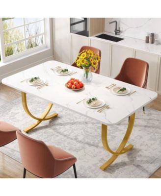 Rectangular Dining Table for 4 to 6, 63-Inch White and Gold Modern Kitchen Table with Faux Marble Table Top and Metal Legs for Dining Room, Kitchen or Living Room