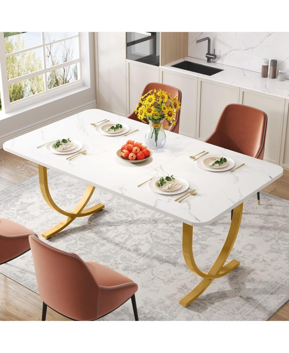 Tribesigns Rectangular Dining Table for 4 to 6, 63-Inch White and Gold Modern Kitchen Table with Faux Marble Table Top and Metal Legs for Dining Room